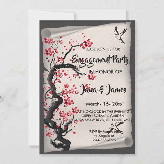ヴィンテージさくらんぼブロッサム婚約 招待状 (正面)