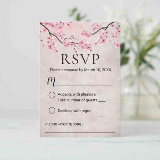 ヴィンテージさくらんぼブロッサム春の結婚式RSVP 出欠カード (スタンド正面)