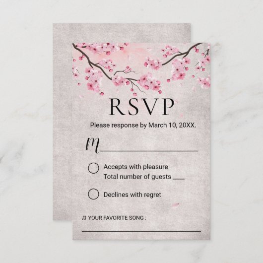 ヴィンテージさくらんぼブロッサム春の結婚式RSVP 出欠カード (正面/裏面)