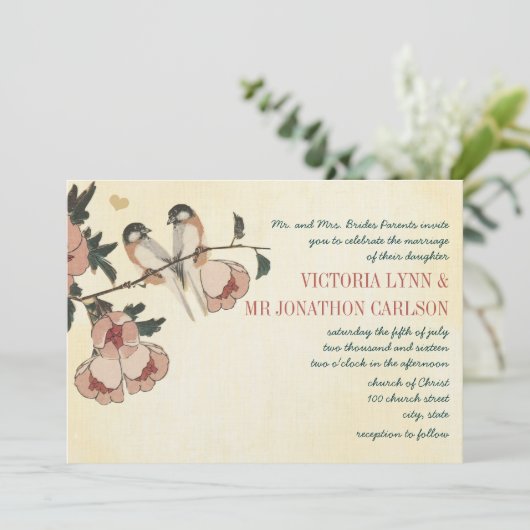 ヴィンテージさくらんぼブロッサム《鳥》アメリカゴガラダマスクウェディング 招待状 (スタンド正面)