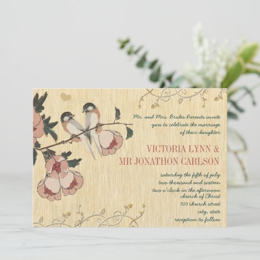 ヴィンテージさくらんぼブロッサム《鳥》アメリカゴガラダマスクウェディング 招待状 (スタンド正面)