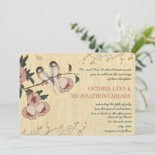 ヴィンテージさくらんぼブロッサム《鳥》アメリカゴガラダマスクウェディング 招待状 (スタンド正面)