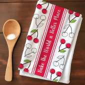 ヴィンテージさくらんぼレッドストライプカスタマイズ キッチンタオル