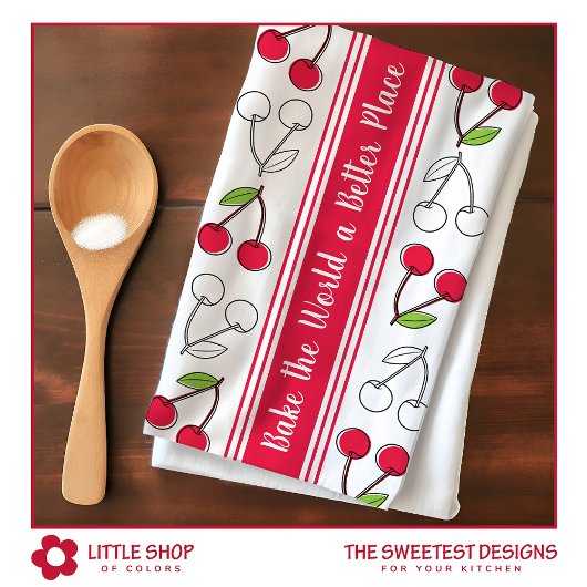 ヴィンテージさくらんぼレッドストライプカスタマイズ キッチンタオル