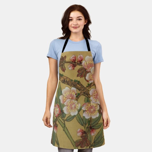 ヴィンテージさくらんぼ咲きアジアの日本の花 エプロン (着用した状態)
