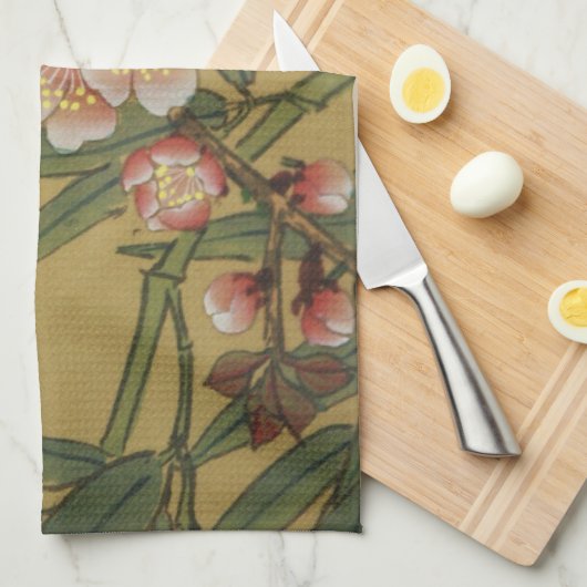 ヴィンテージさくらんぼ咲きアジアの日本の花 キッチンタオル (四つ折り)