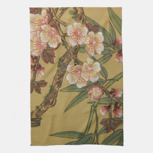 ヴィンテージさくらんぼ咲きアジアの日本の花 キッチンタオル (縦)