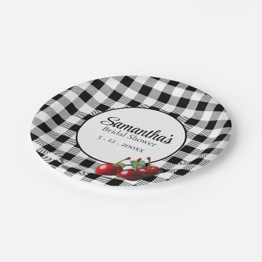 ヴィンテージさくらんぼ白黒ギンガム ペーパープレート (アングル)