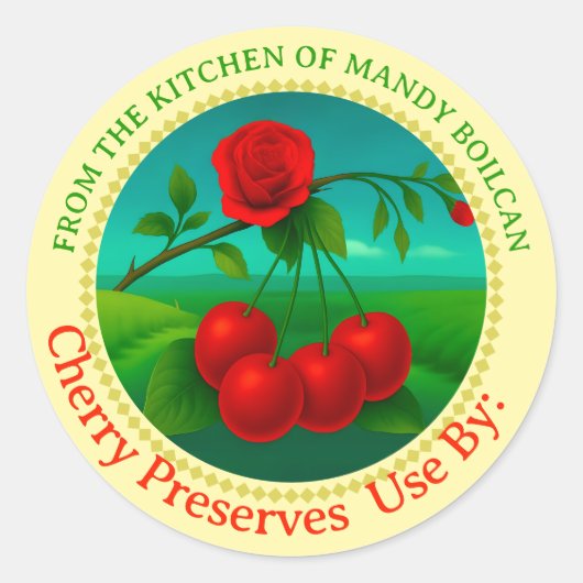 ヴィンテージさくらんぼ缶詰ラベルのキッチン ラウンドシール (正面)