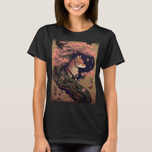 ヴィンテージさくらんぼ花日本のキツネ図 Tシャツ (正面)