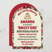 ヴィンテージさくらんぼ「スウィートワン」 1歳の誕生日パーティーアーチ 招待状 (正面/裏面)