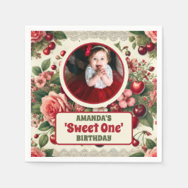 ヴィンテージさくらんぼ「Sweet One」 1st Birthday Photo スタンダードカクテルナプキン