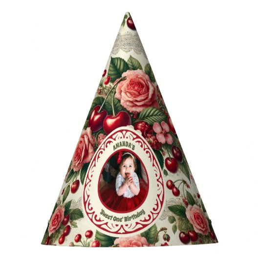 ヴィンテージさくらんぼ「Sweet One」 1st Birthday Photo パーティーハット (正面)