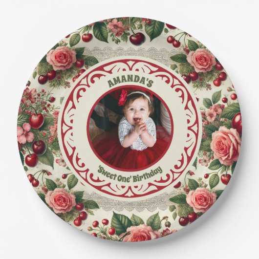 ヴィンテージさくらんぼ「Sweet One」 1st Birthday Photo ペーパープレート (正面)