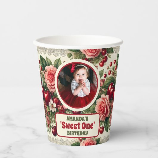 ヴィンテージさくらんぼ「Sweet One」 1st Birthday Photo 紙コップ (正面)