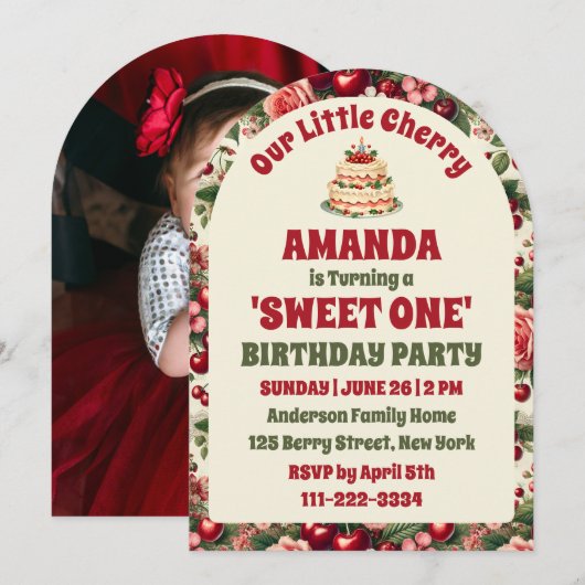 ヴィンテージさくらんぼ「Sweet One」 1st Birthday Photo Arch 招待状 (正面/裏面)
