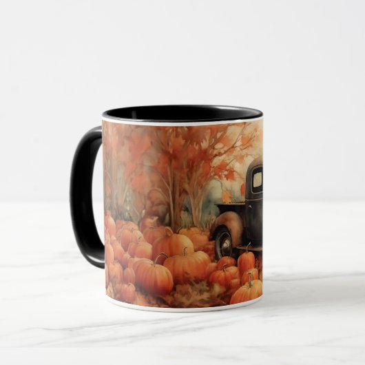 ヴィンテージさびれたピックアップとカボチャの秋 マグカップ (正面左)