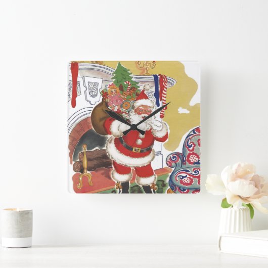 ヴィンテージすてきクリスマス、サンタクロースプレゼント スクエア壁時計 (ホーム)