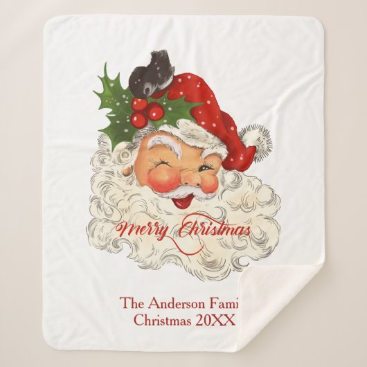 ヴィンテージすてきサンタクロースメリークリスマス シェルパブランケット (正面)