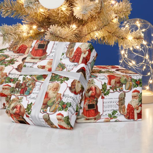ヴィンテージすてきサンタホリー&ミュージックコラージュ ラッピングペーパー (クリスマス)