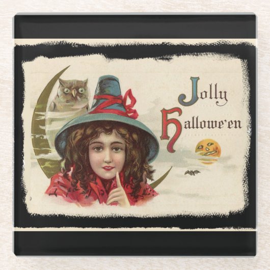 ヴィンテージすてきハロウィーン魔女 ガラスコースター (正面)