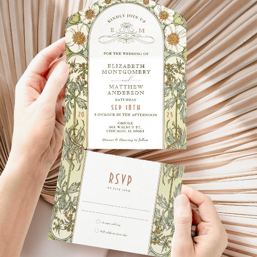 ヴィンテージすべて1つの結婚式招待状別ミュシャ オールインワン招待状