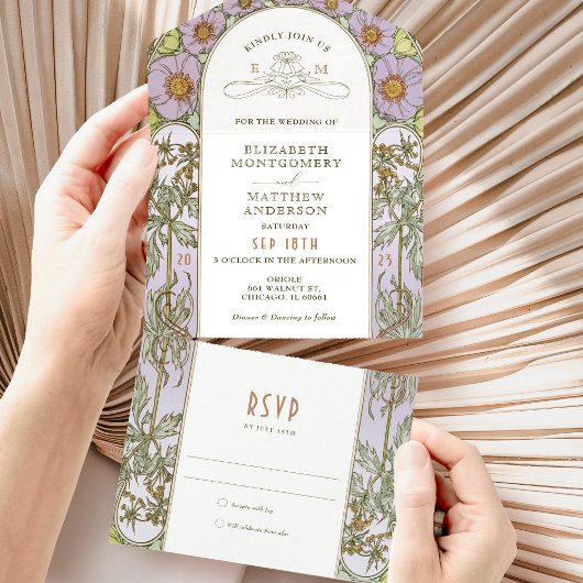 ヴィンテージすべて1つの結婚式招待状別ミュシャ オールインワン招待状