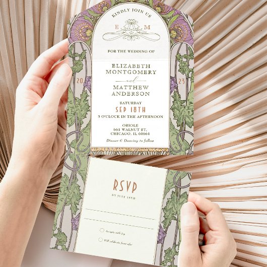 ヴィンテージすべて1つの結婚式招待状別ミュシャ オールインワン招待状