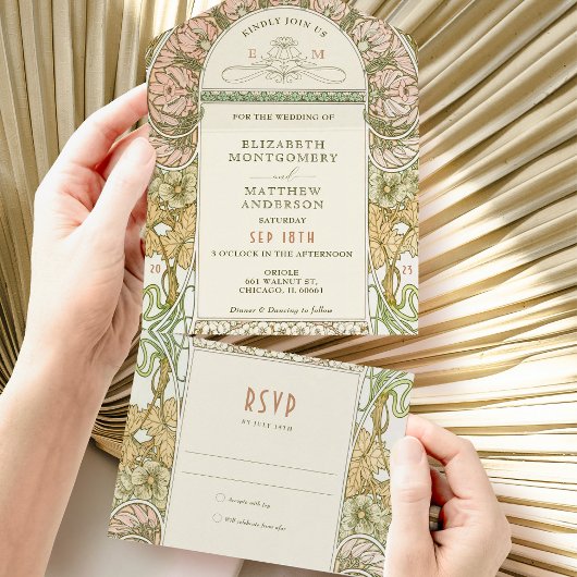 ヴィンテージすべて1つの結婚式招待状別ミュシャ オールインワン招待状