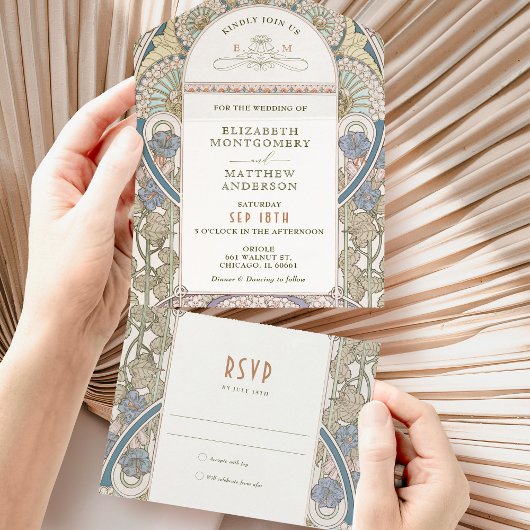 ヴィンテージすべて1つの結婚式招待状別ミュシャ オールインワン招待状