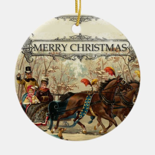 ヴィンテージそりに乗る馬を雪に セラミックオーナメント (正面)