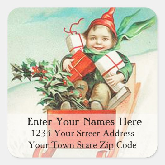 ヴィンテージそり付きプレゼント住所 シール (正面)