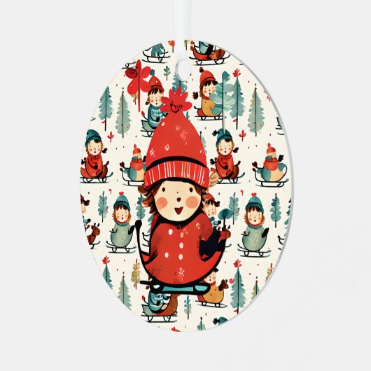 ヴィンテージそり子供のパーソナライズされたクリスマス メタルオーナメント (正面左)