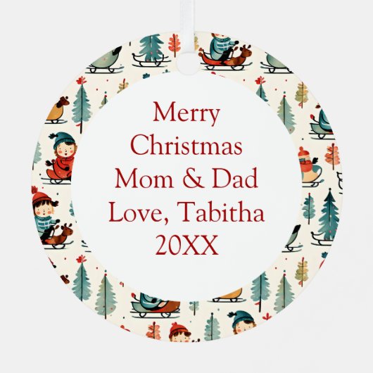 ヴィンテージそり子供のパーソナライズされたクリスマス メタルオーナメント (裏面)