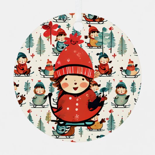 ヴィンテージそり子供のパーソナライズされたクリスマス メタルオーナメント (正面)
