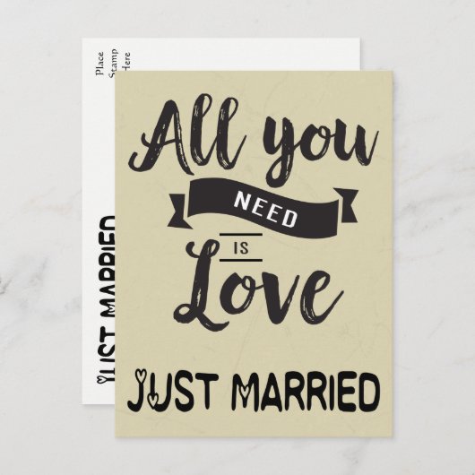 ヴィンテージたった今結婚しましたタン&ブラック結婚ズラブ 案内ポストカード (正面/裏面)