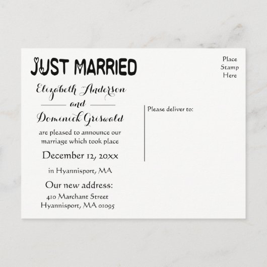 ヴィンテージたった今結婚しましたタン&ブラック結婚ズラブ 案内ポストカード (裏面)