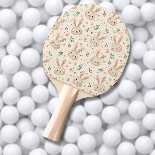 ヴィンテージちびうさぎの顔とバラの模様 卓球ラケット