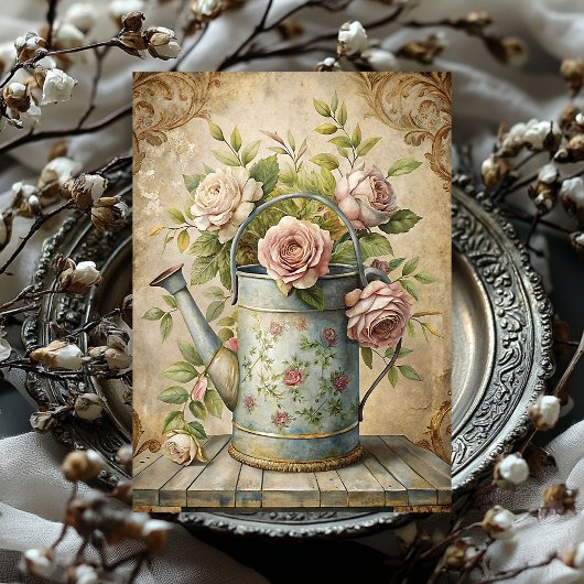 ヴィンテージでみすぼらしいピンク色のバラの花束金属缶 薄葉紙