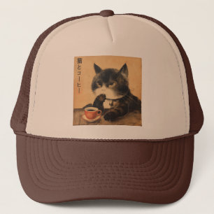 ヴィンテージでコーヒーを飲むかわいい猫を日本でアート キャップ