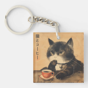 ヴィンテージでコーヒーを飲むかわいい猫を日本でアート キーホルダー