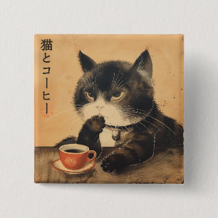 ヴィンテージでコーヒーを飲むかわいい猫を日本でアート 缶バッジ