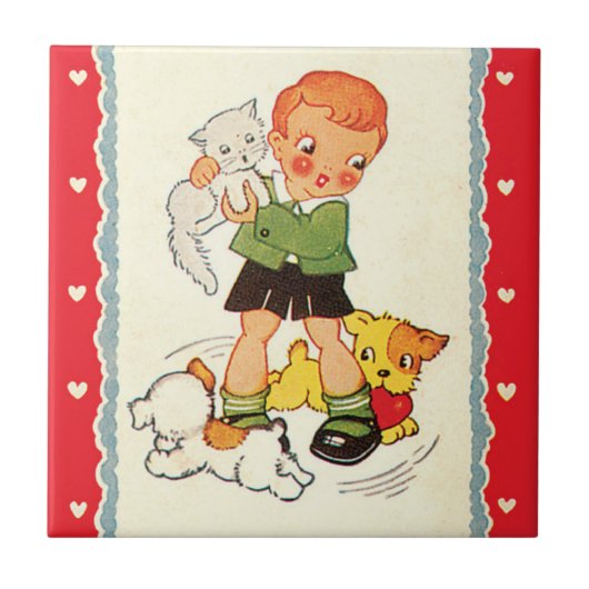 ヴィンテージで子猫を飼っている少年 タイル (正面)
