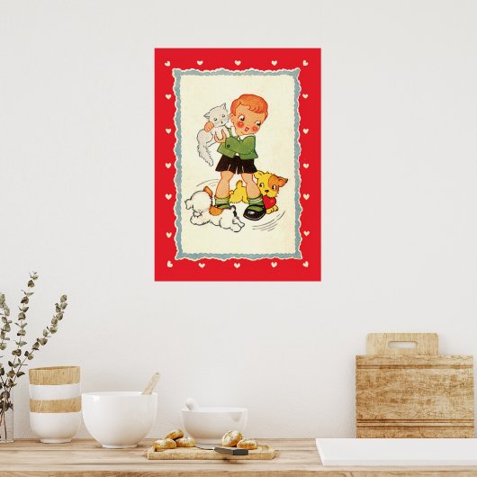 ヴィンテージで子猫を飼っている少年 ポスター (キッチン)