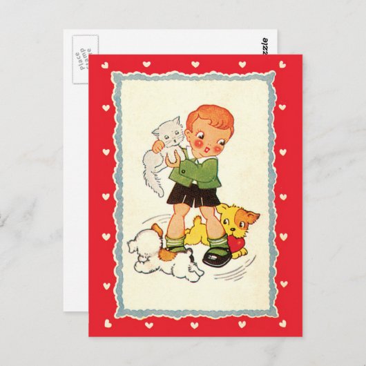 ヴィンテージで子猫を飼っている少年 ポストカード (正面/裏面)
