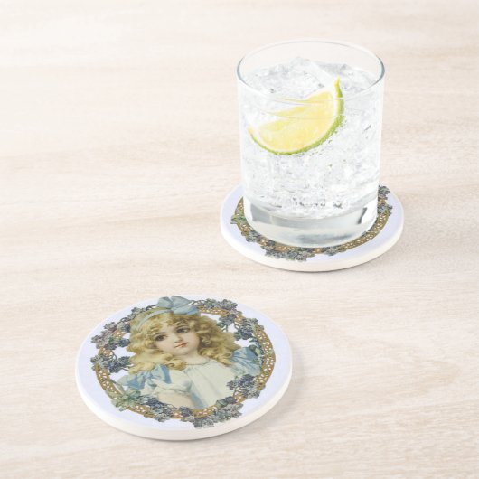 ヴィンテージで美しい花と弓を持つ少女 コースター (側面)