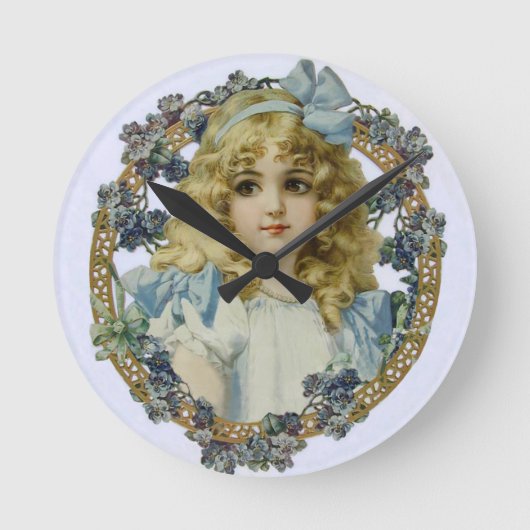 ヴィンテージで美しい花と弓を持つ少女 ラウンド壁時計 (正面)