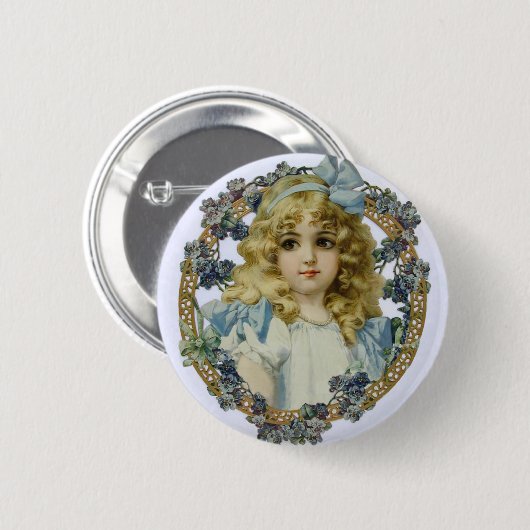 ヴィンテージで美しい花と弓を持つ少女 缶バッジ (正面&裏面)