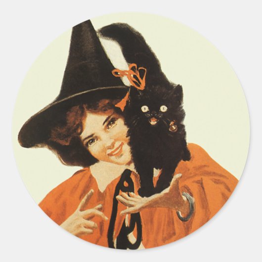 ヴィンテージで美しい黒猫の魔女 ラウンドシール (正面)