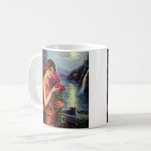 ヴィンテージで赤いバラの花を咲かせた女性 コーヒーマグカップ (正面左)